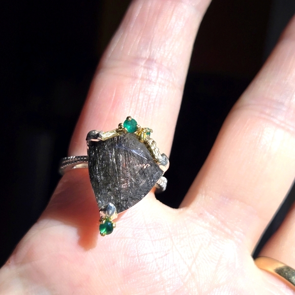 Rutilated 7k trillion cut quartz & green 💚 onyx sterling & gold ring sz7.75